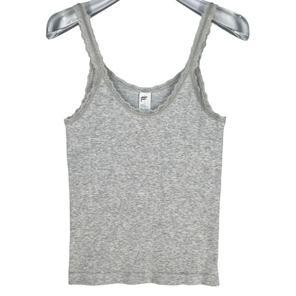 Fabletics Tank Top Women’s Medium Gray Seamless Lace Trimmed Ribbed Modal Eden